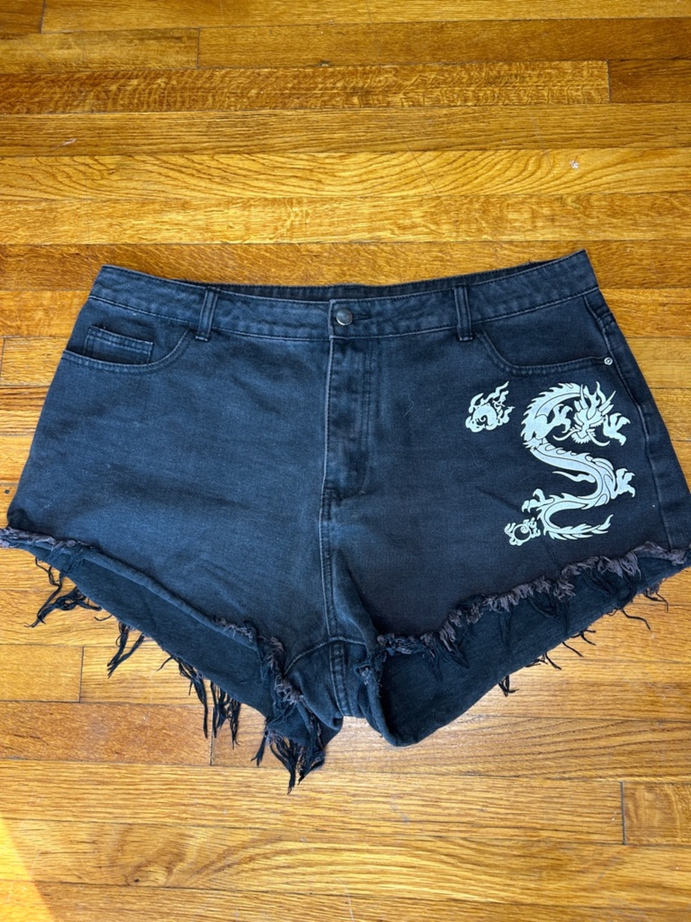 SHEIN Black High-Waist Denim Shorts with White Dragon Graphic